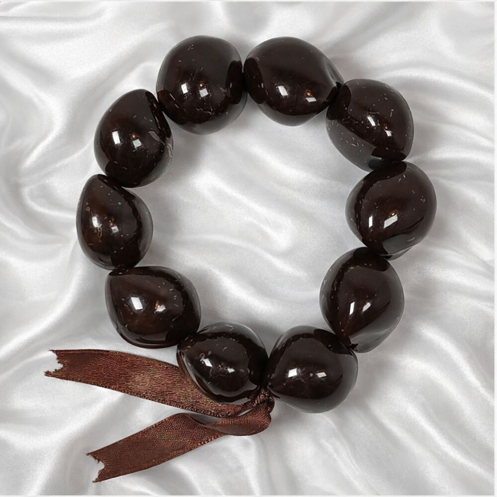 Handmade Dark Brown Polished Natural Kukui Nut Ribbon 7" Bracelet Hawaiian Luau